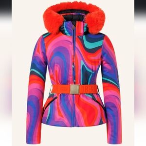 Goldbergh Multicolor Ski Jacket with Red Fur Hood